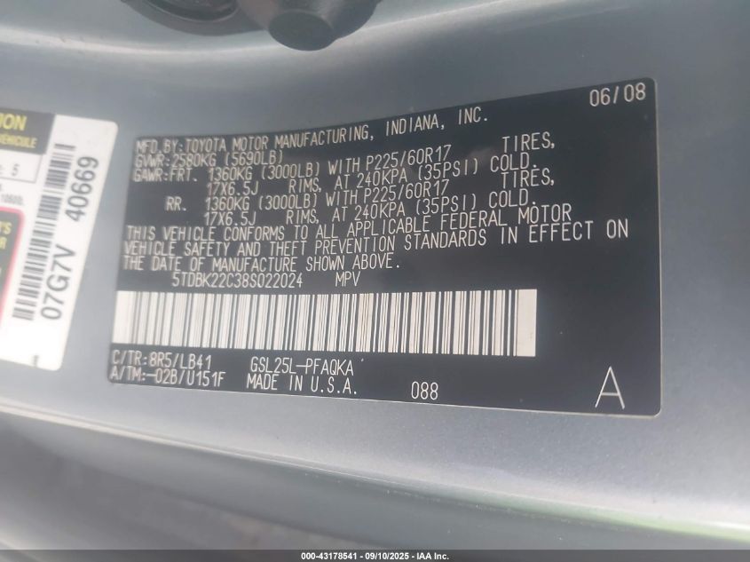 2008 Toyota Sienna Xle/Xle Limited VIN: 5TDBK22C38S022024 Lot: 43178541