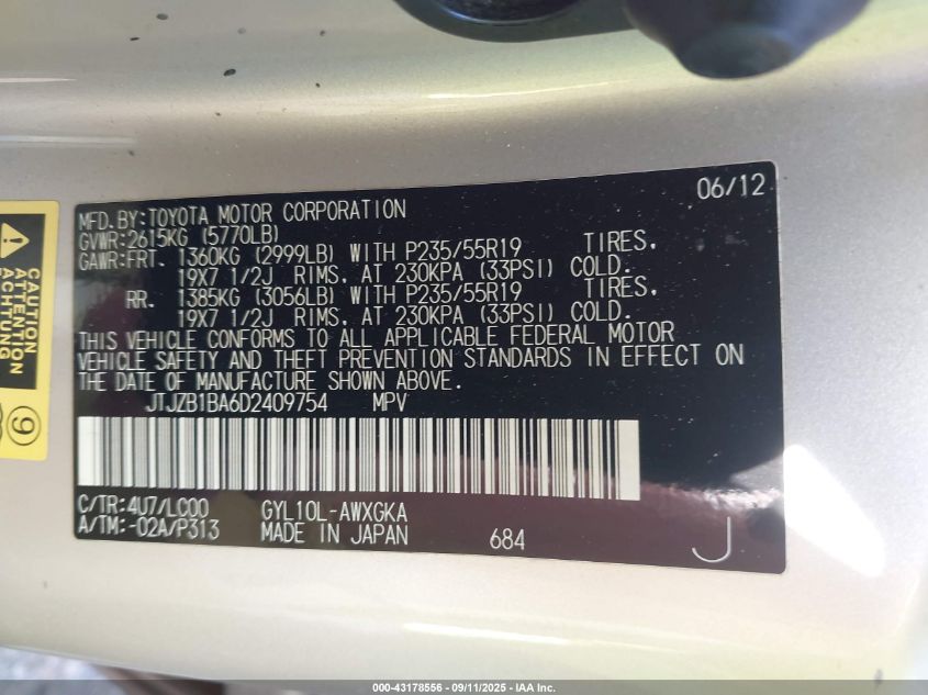 2013 Lexus Rx 450H VIN: JTJZB1BA6D2409754 Lot: 43178556