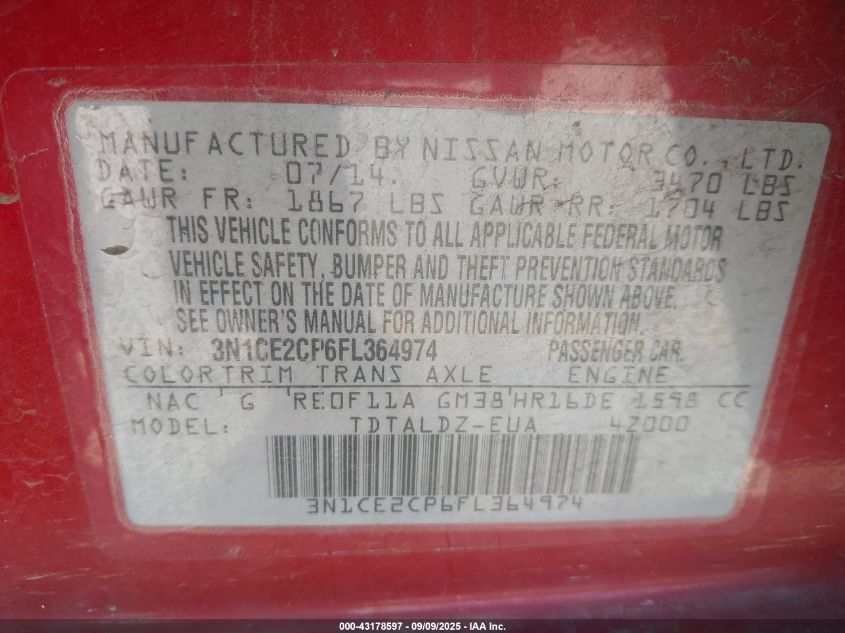 2015 Nissan Versa Note Sv VIN: 3N1CE2CP6FL364974 Lot: 43178597