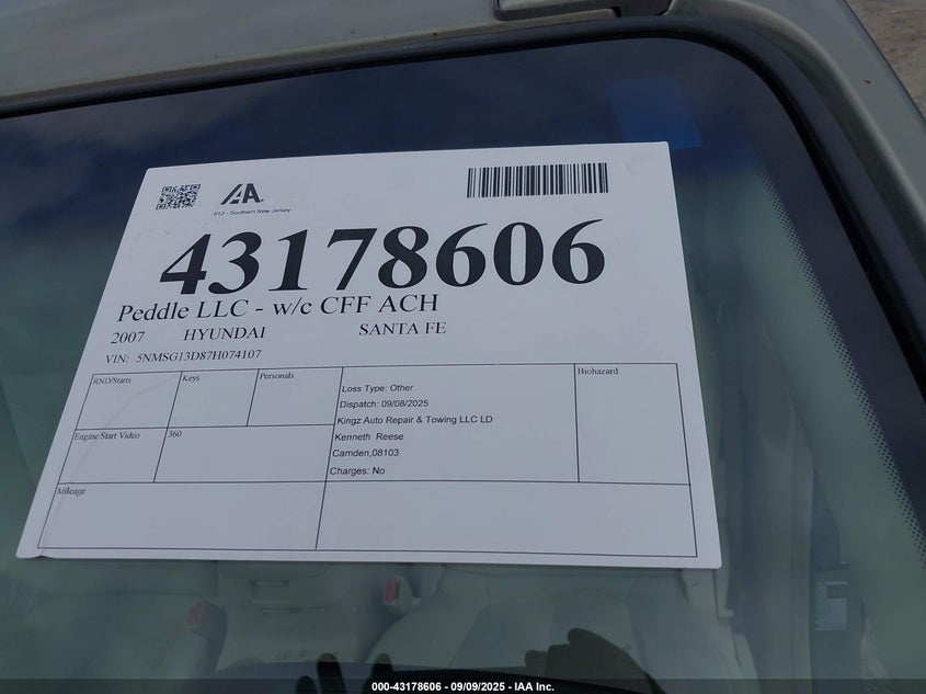 2007 Hyundai Santa Fe Gls VIN: 5NMSG13D87H074107 Lot: 43178606