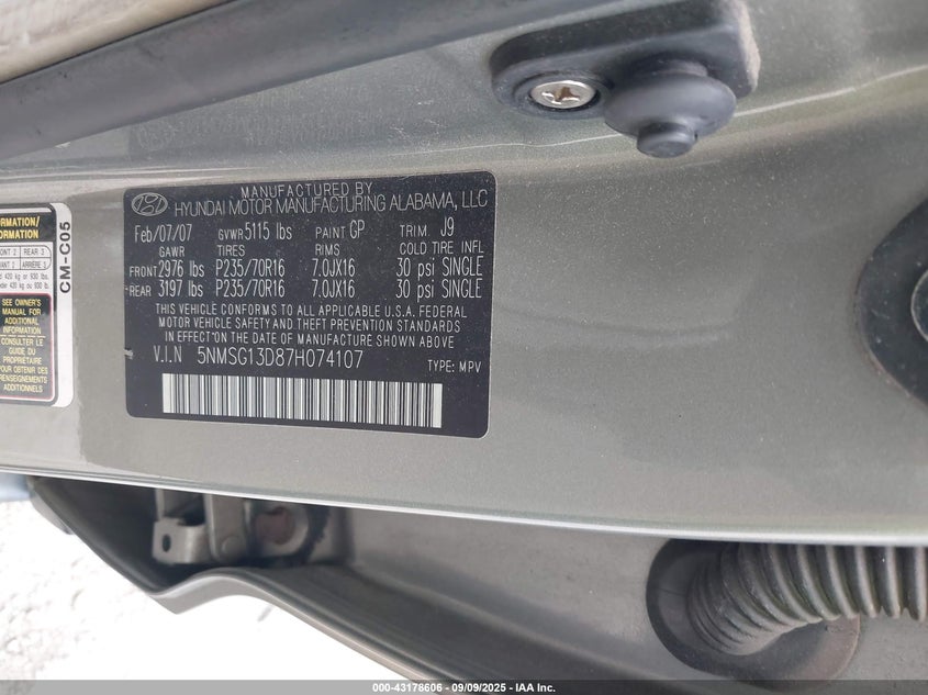 2007 Hyundai Santa Fe Gls VIN: 5NMSG13D87H074107 Lot: 43178606