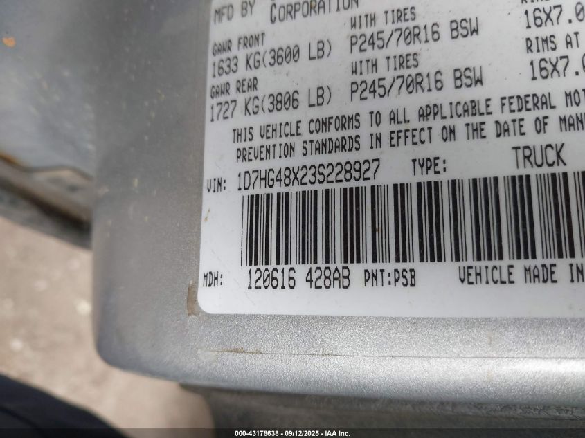 2003 Dodge Dakota Slt VIN: 1D7HG48X23S228927 Lot: 43178638