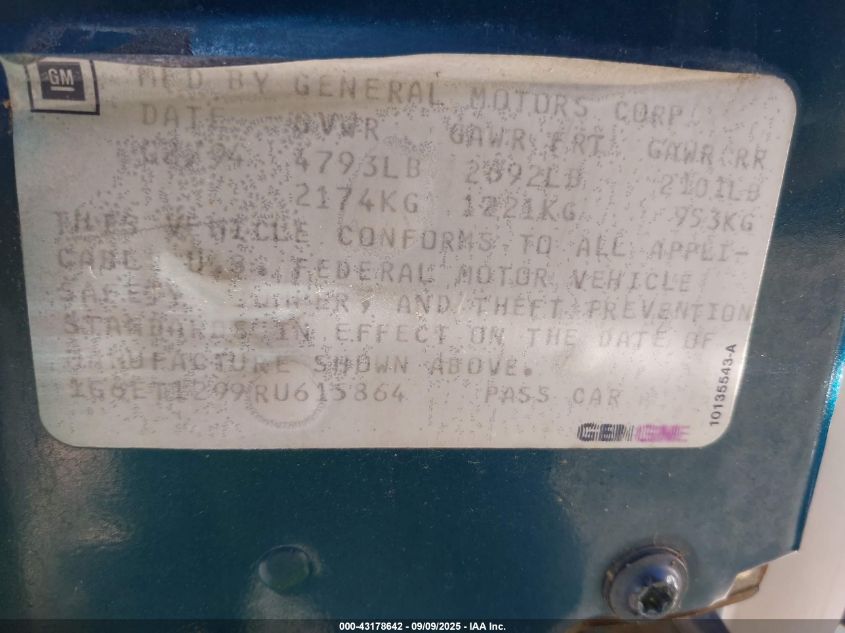 1994 Cadillac Eldorado Touring VIN: 1G6ET1299RU615864 Lot: 43178642