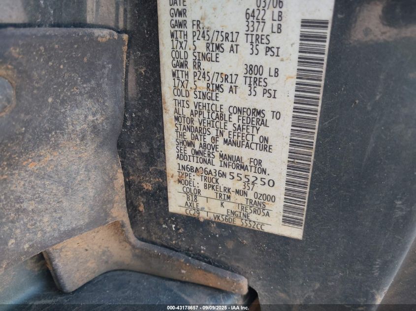 2006 Nissan Titan Xe VIN: 1N6BA06A36N555250 Lot: 43178657