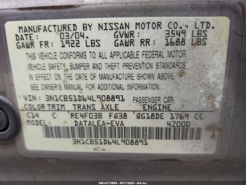 2004 Nissan Sentra 1.8S VIN: 3N1CB51D64L908891 Lot: 43178665