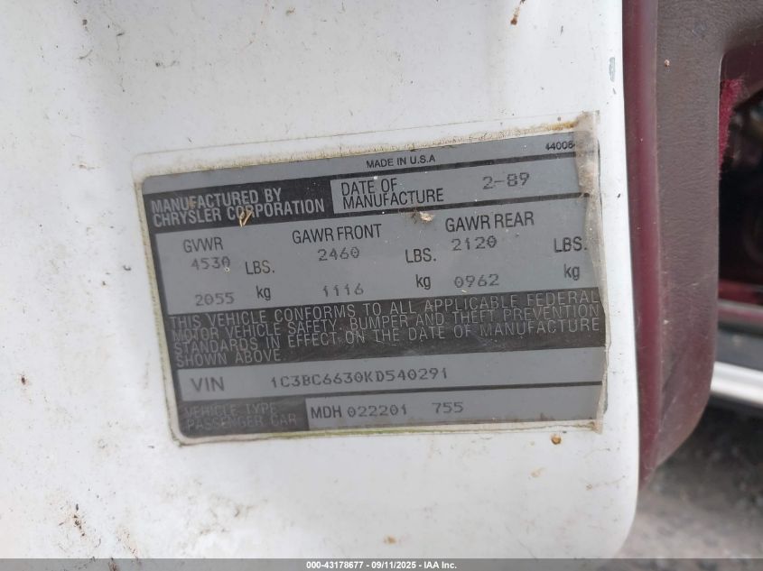 1989 Chrysler New Yorker C-Body Landau VIN: 1C3BC6630KD540291 Lot: 43178677