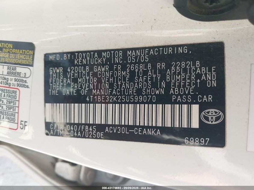 2005 Toyota Camry Le VIN: 4T1BE32K25U599070 Lot: 43178693