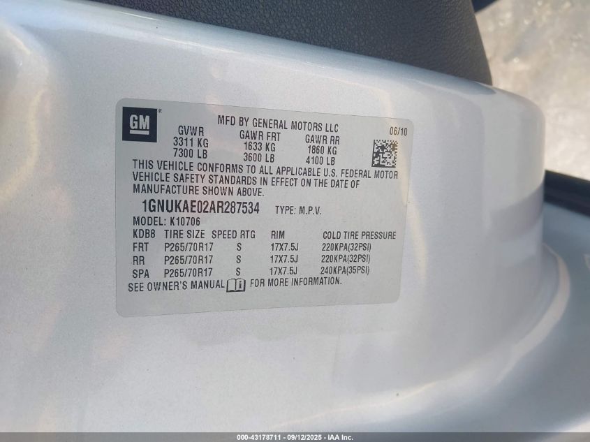 2010 Chevrolet Tahoe Lt VIN: 1GNUKBE05AR662449 Lot: 43178711