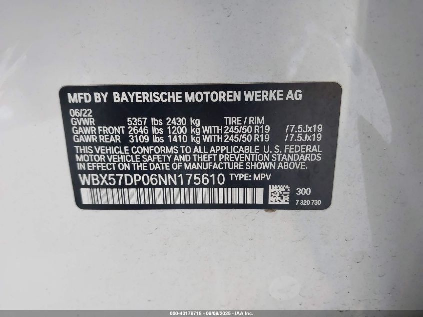 2022 BMW X3 xDrive30I VIN: WBX57DP06NN175610 Lot: 43178718