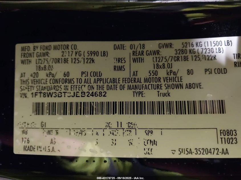 2018 Ford F-350 Xl VIN: 1FT8W3BT3JEB24682 Lot: 43178725