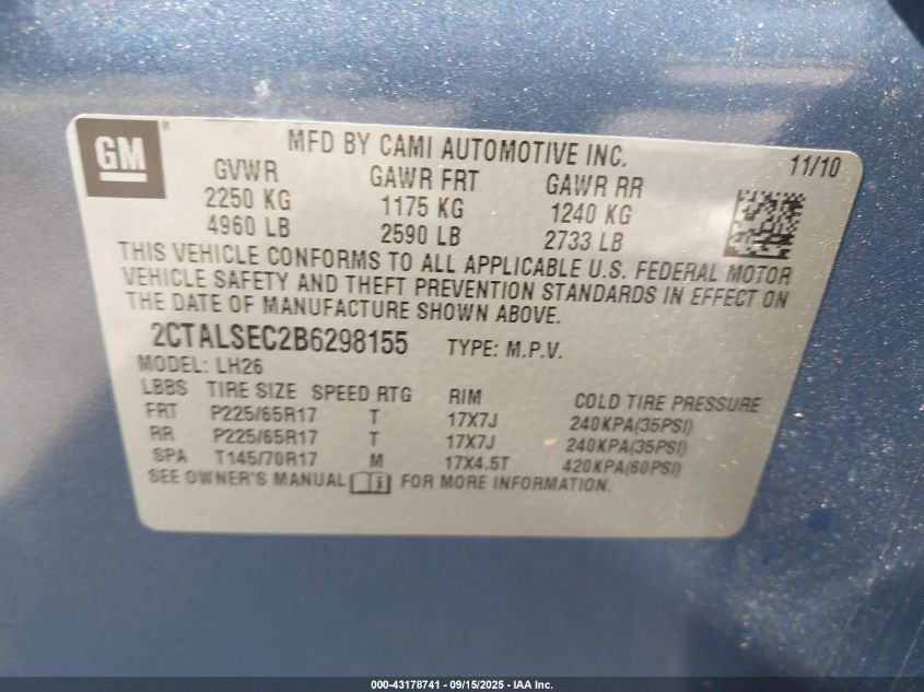 2011 GMC Terrain Sle-2 VIN: 2CTALSEC2B6298155 Lot: 43178741