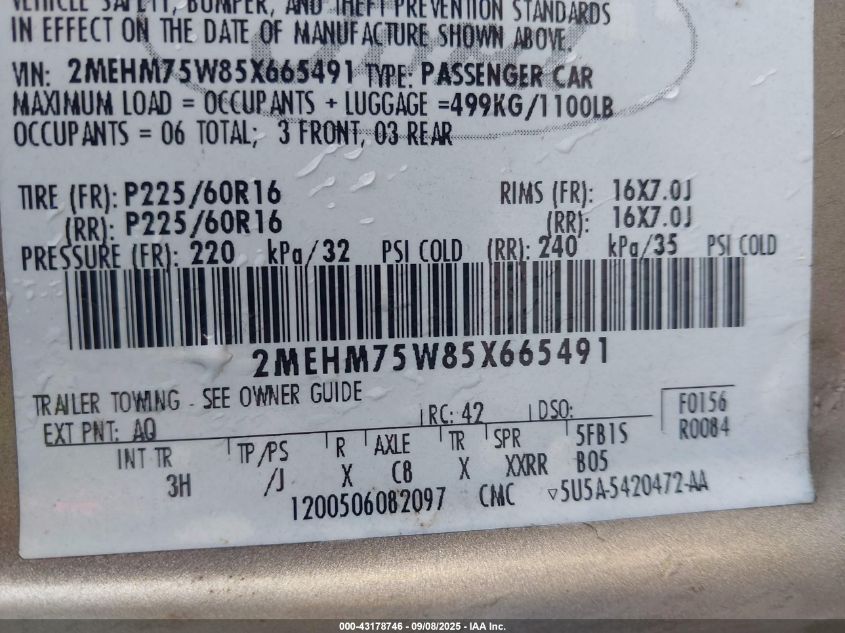 2005 Mercury Grand Marquis Ls/Lse VIN: 2MEHM75W85X665491 Lot: 43178746