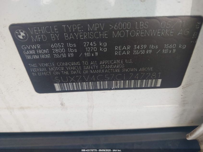 2012 BMW X5 xDrive35I/xDrive35I Premium/xDrive35I Sport Activity VIN: 5UXZV4C57CL747281 Lot: 43178775