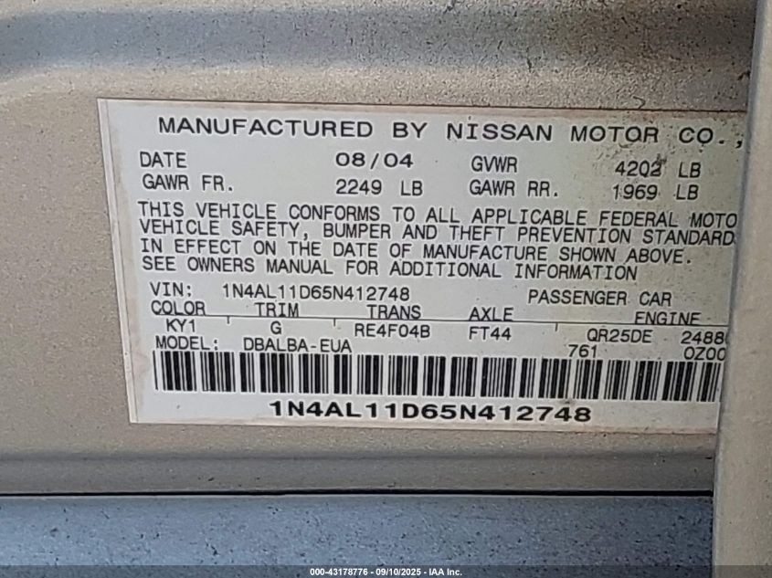 2005 Nissan Altima 2.5 S VIN: 1N4AL11D65N412748 Lot: 43178776