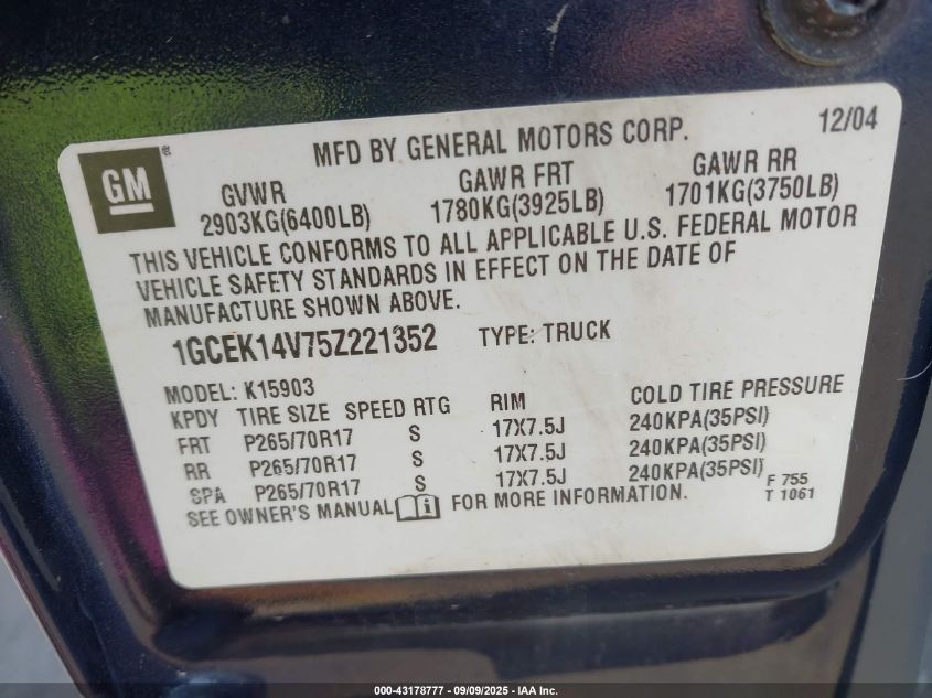 2005 Chevrolet Silverado 1500 Work Truck VIN: 1GCEK14V75Z221352 Lot: 43178777