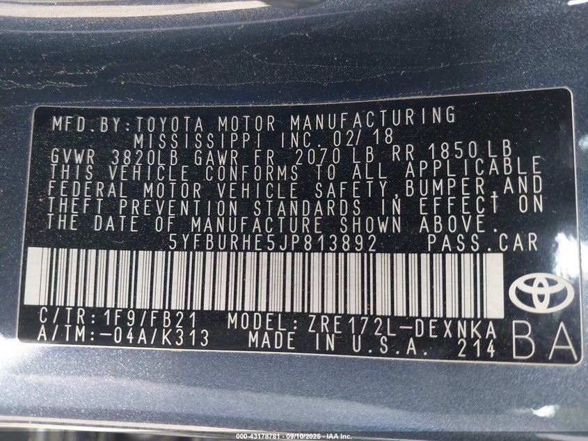 2018 TOYOTA COROLLA L/LE/XLE/SE/XSE - 5YFBURHE5JP813892