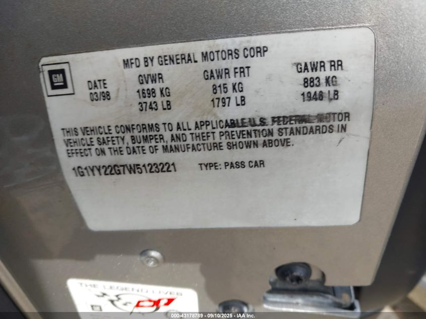 1998 Chevrolet Corvette VIN: 1G1YY22G7W5123221 Lot: 43178789