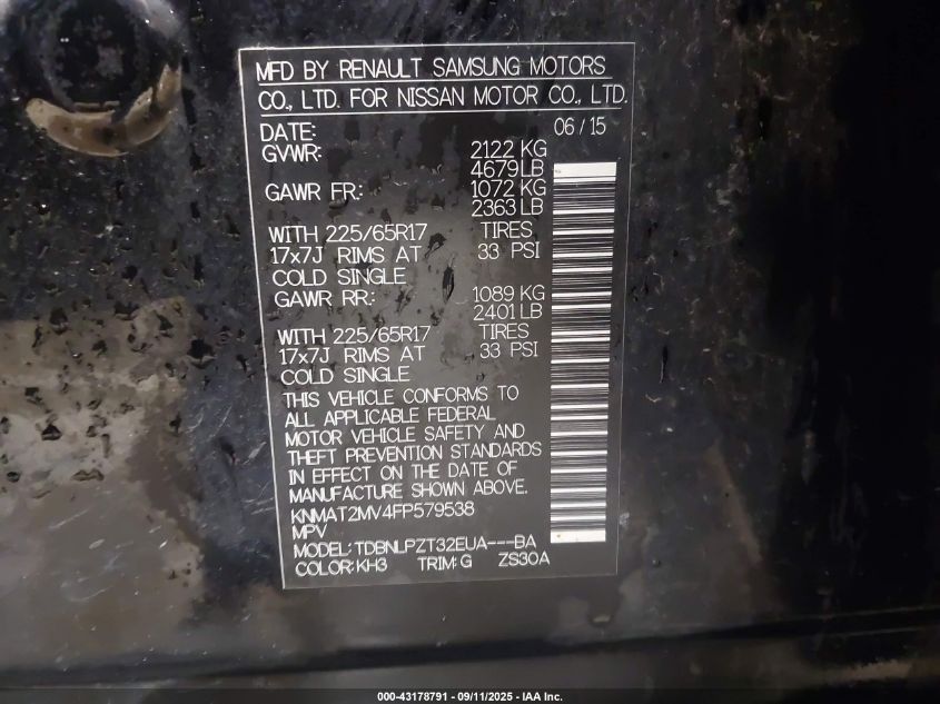 2015 Nissan Rogue S VIN: KNMAT2MV4FP579538 Lot: 43178791