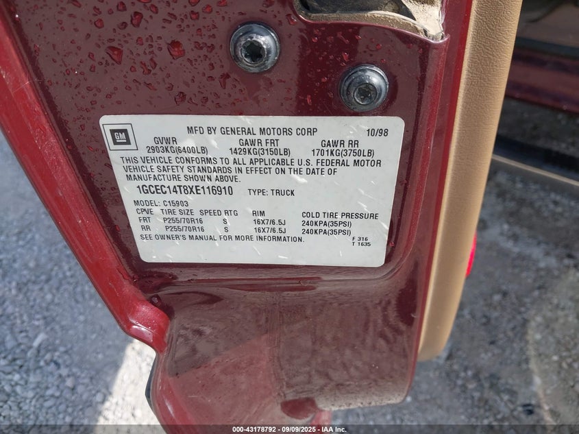 1999 Chevrolet Silverado 1500 Ls VIN: 1GCEC14T8XE116910 Lot: 43178792