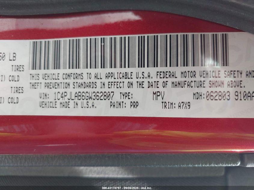 2016 Jeep Cherokee Sport VIN: 1C4PJLAB6GW362807 Lot: 43178797