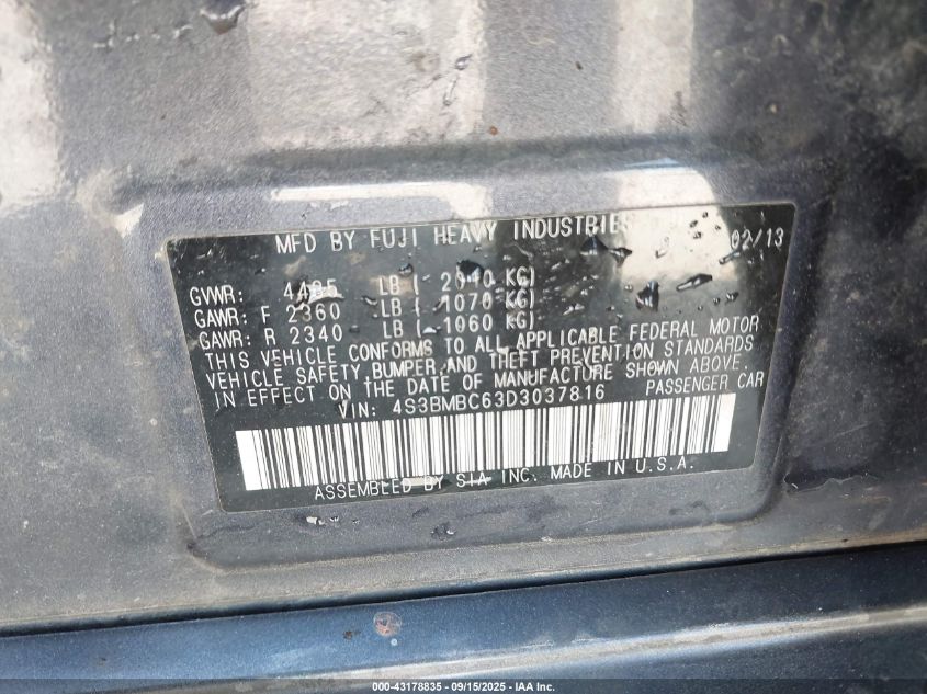 2013 Subaru Legacy 2.5I Premium VIN: 4S3BMBC63D3037816 Lot: 43178835