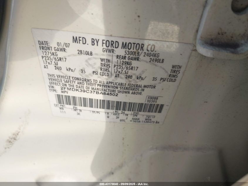 2007 Ford Edge Sel Plus VIN: 2FMDK39C37BA64502 Lot: 43178840