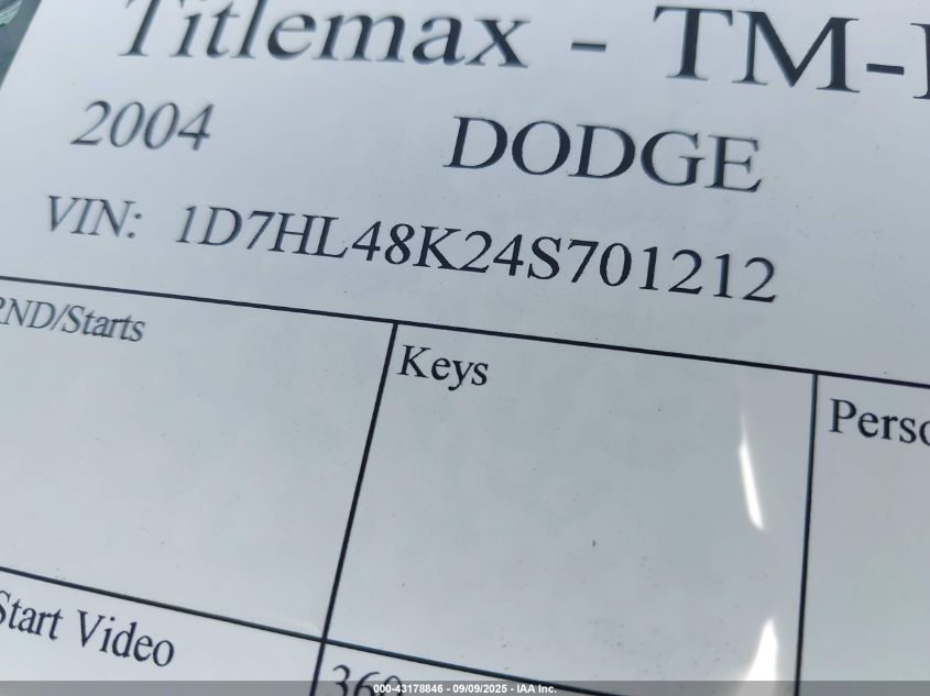 2004 Dodge Dakota Quad Slt VIN: 1D7HL48K24S701212 Lot: 43178846