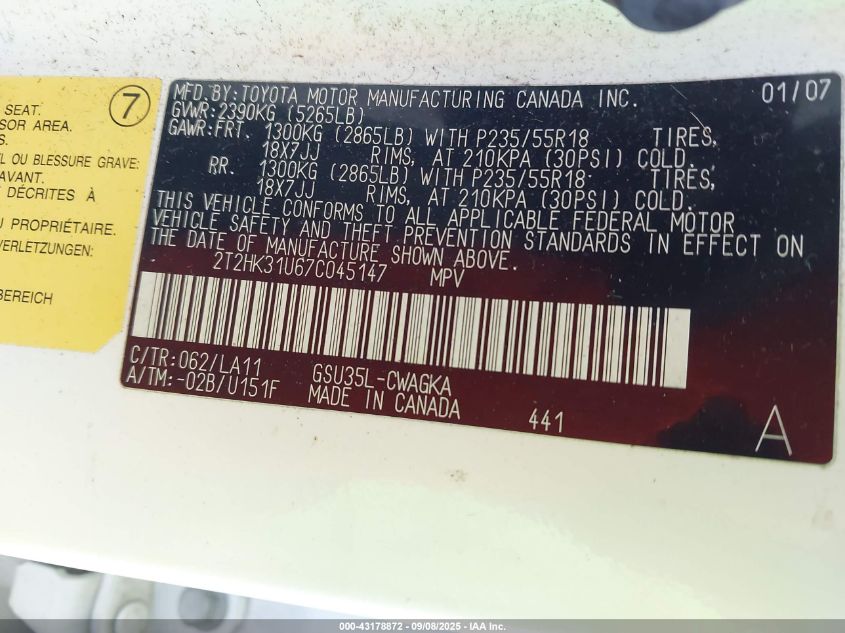 2007 Lexus Rx 350 VIN: 2T2HK31U67C045147 Lot: 43178872