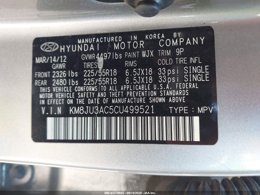 2012 Hyundai Tucson Limited VIN: KM8JU3AC5CU499521 Lot: 43178883