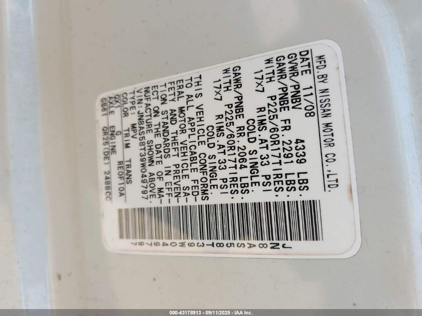 2009 Nissan Rogue Sl VIN: JN8AS58T39W049797 Lot: 43178913