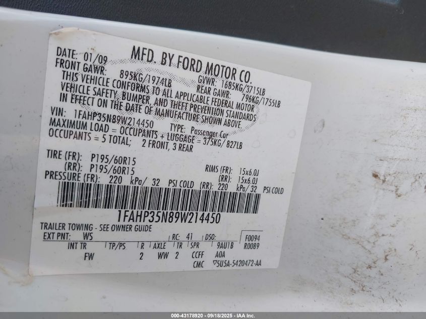 2009 Ford Focus Se VIN: 1FAHP35N89W214450 Lot: 43178920