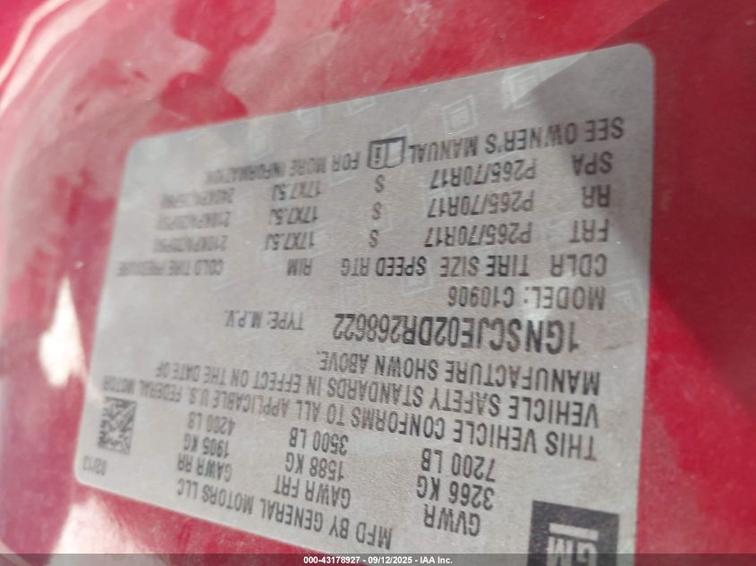 2013 Chevrolet Suburban 1500 Lt VIN: 1GNSCJE02DR268622 Lot: 43178927