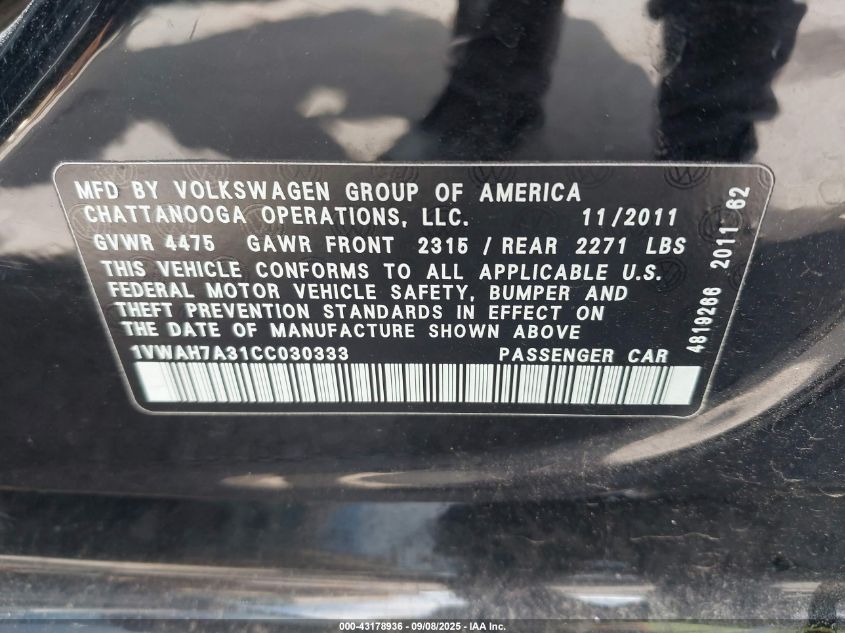 2012 Volkswagen Passat 2.5L S VIN: 1VWAH7A31CC030333 Lot: 43178936