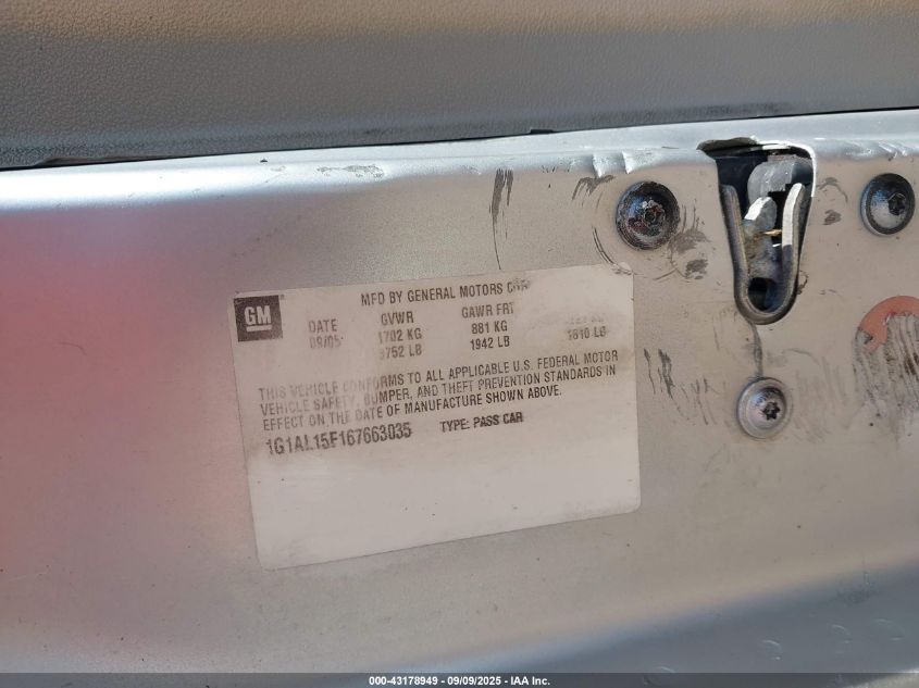 2006 Chevrolet Cobalt Lt VIN: 1G1AL15F167663035 Lot: 43178949