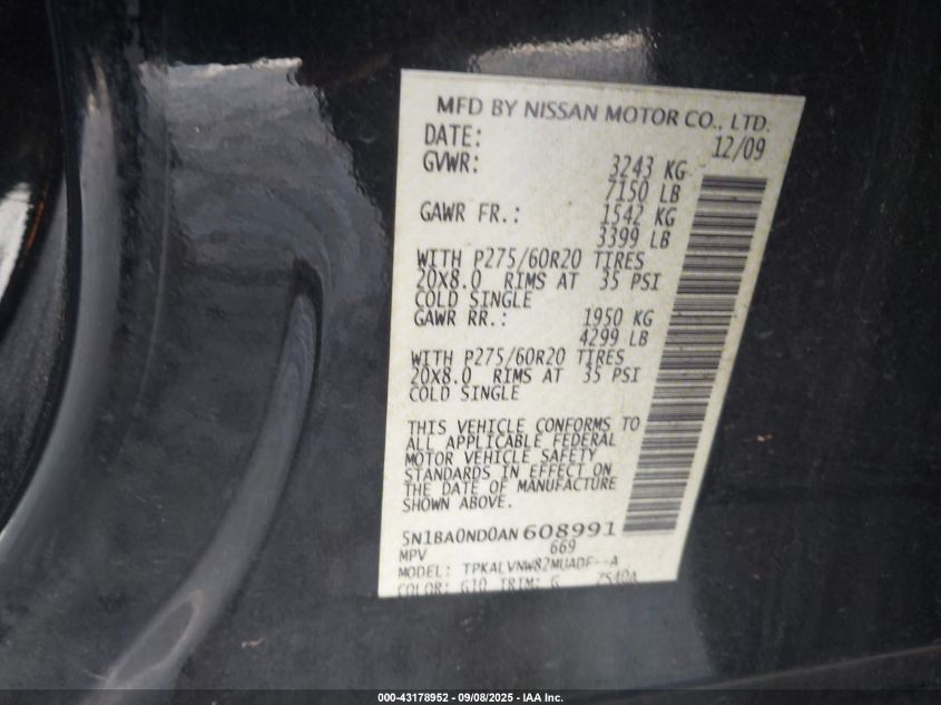 2010 Nissan Armada Titanium VIN: 5N1BA0ND0AN608991 Lot: 43178952