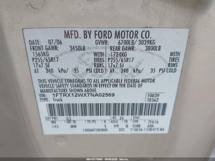 2007 Ford F-150 Stx/Xl/Xlt VIN: 1FTRX12WX7NA02569 Lot: 43178960
