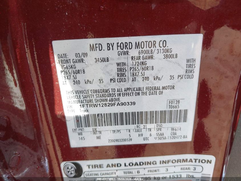 2009 Ford F-150 Xl/Xlt VIN: 1FTRW12829FA90339 Lot: 43178963