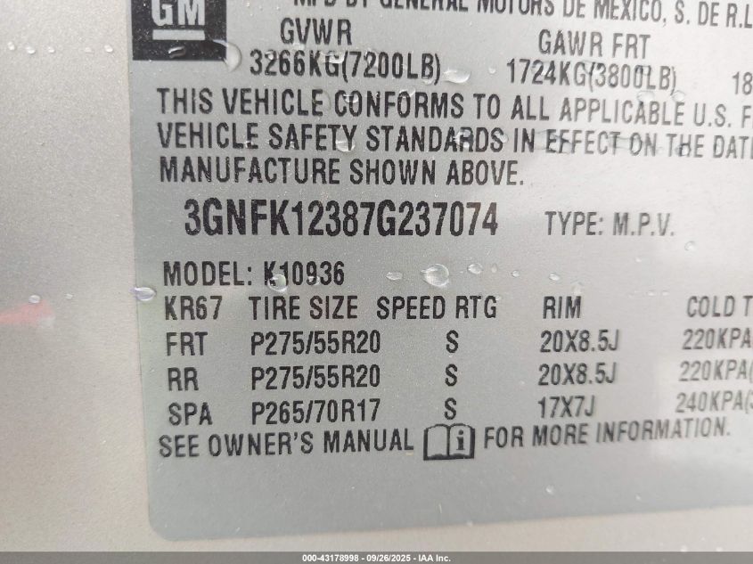 2007 Chevrolet Avalanche 1500 Lt VIN: 3GNFK12387G237074 Lot: 43178998