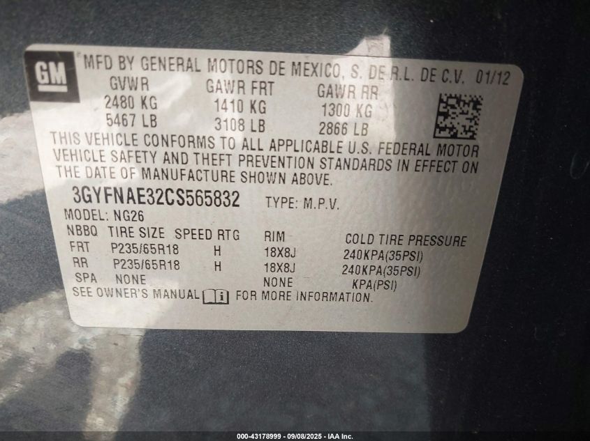 2012 Cadillac Srx Luxury Collection VIN: 3GYFNAE32CS565832 Lot: 43178999