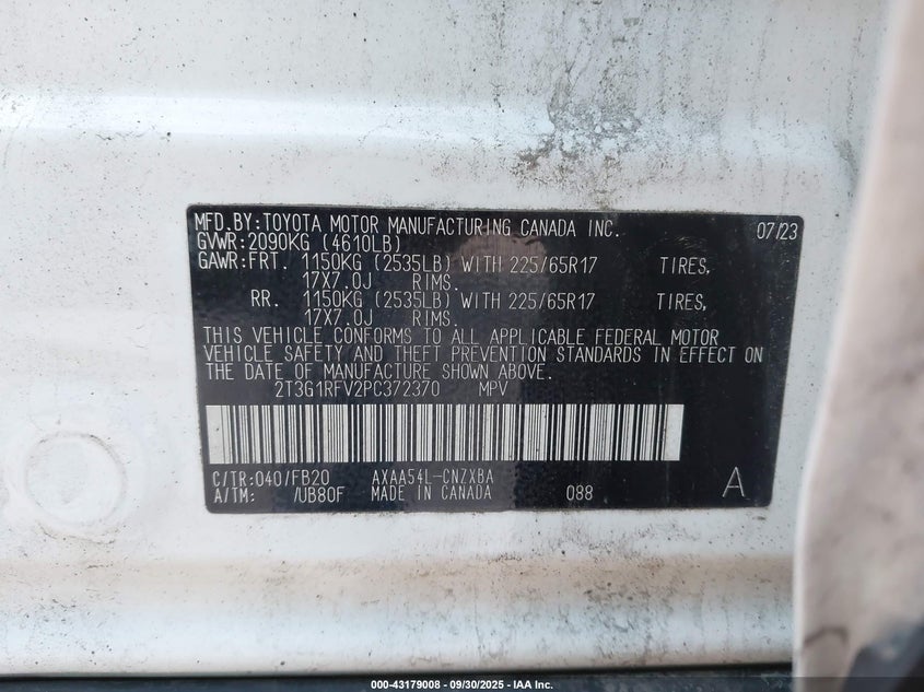 2023 Toyota Rav4 Le VIN: 2T3G1RFV2PC372370 Lot: 43179008