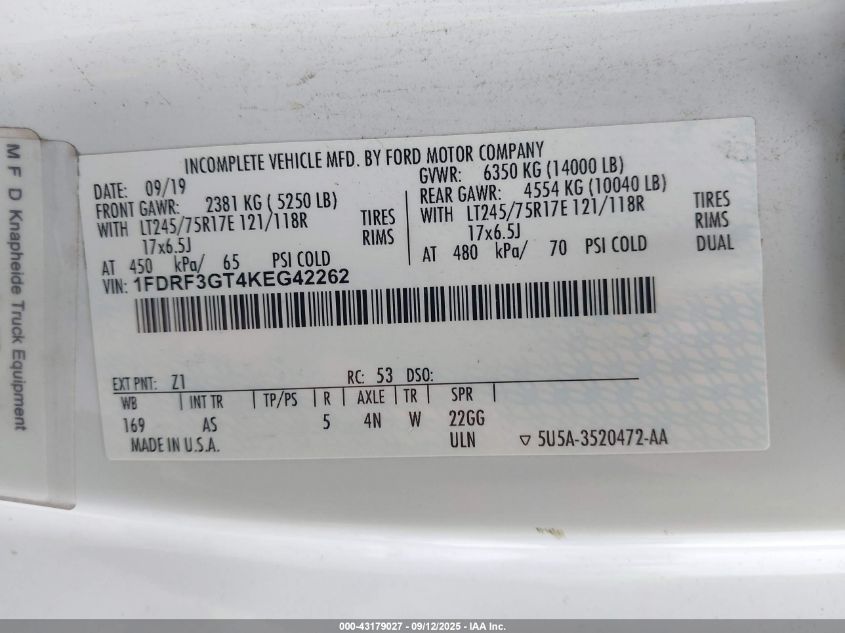 2019 Ford F-350 Chassis Xl VIN: 1FDRF3GT4KEG42262 Lot: 43179027