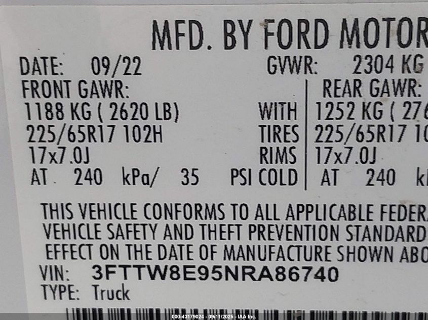 2022 Ford Maverick Xlt VIN: 3FTTW8E95NRA86740 Lot: 43179024
