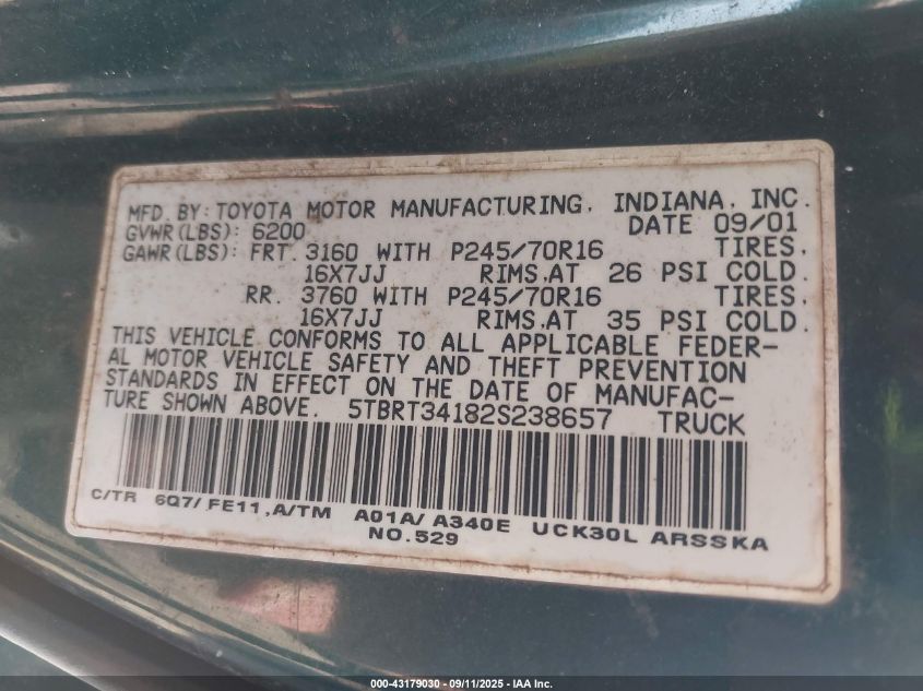 2002 Toyota Tundra Sr5 V8 VIN: 5TBRT34182S238657 Lot: 43179030