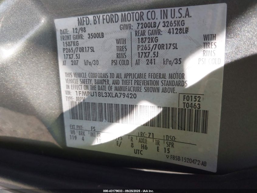 1999 Ford Expedition Eddie Bauer/Xlt VIN: 1FMPU18L3XLA79420 Lot: 43179033