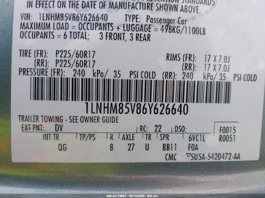 2006 Lincoln Town Car Signature L VIN: 1LNHM85V86Y626640 Lot: 43179081