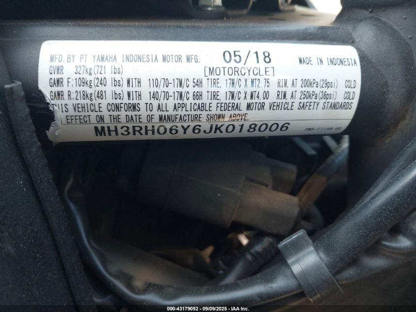 2018 Yamaha Yzfr3 VIN: MH3RH06Y6JK018006 Lot: 43179092