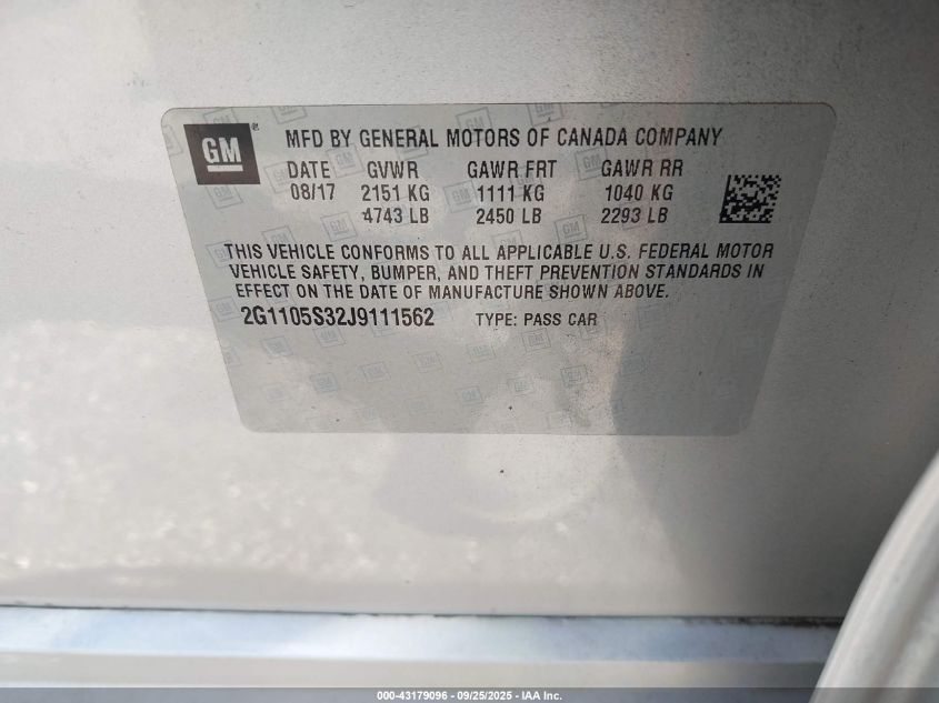 2018 Chevrolet Impala 1Lt VIN: 2G1105S32J9111562 Lot: 43179096