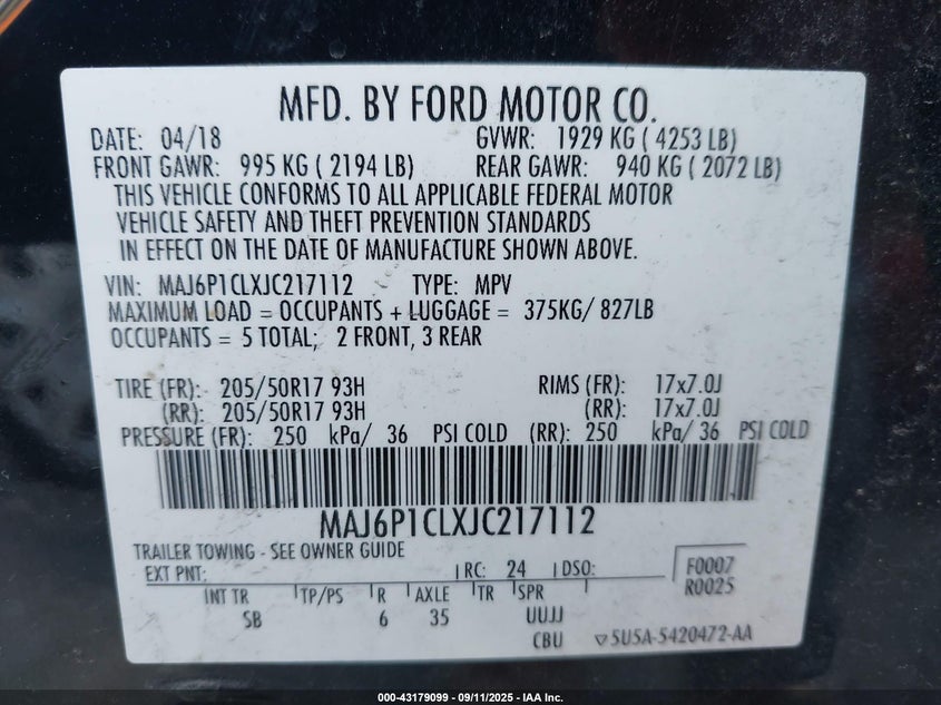 2018 Ford Ecosport Ses VIN: MAJ6P1CLXJC217112 Lot: 43179099