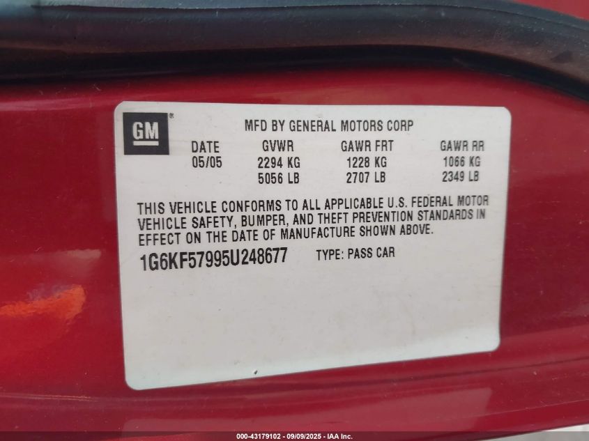 2005 Cadillac Deville Dts VIN: 1G6KF57995U248677 Lot: 43179102