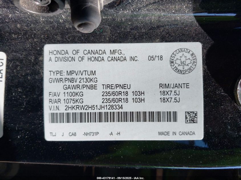 2018 Honda Cr-V Ex VIN: 2HKRW2H51JH128334 Lot: 43179141